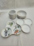 Lote de 2 bowls e 2 petisqueiras com 3 divisões em porcelana. Medindo a petisqueira 18cm x 18cm.