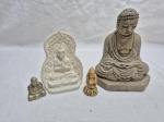 Lote de 4 imagens de deuses orientais, em resina, gesso e metal. Medindo 17cm de altura.