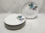 Jogo de 6 pratos de sobremesa em porcelana Real com pintura floral e friso prata. Medindo 19cm de diâmetro.