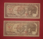 2 Cedulas / Brasil- 5 Cruzeiros Indio !! series 053  e 054 !! estado MBC !! valor de mercado= 25,00 Reais