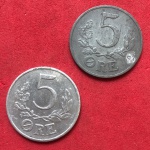 2 moedas/Dinamarca período da 2 guerra mundial 5 ore anos 1943 e 1941 - material zinco e alumínio  !!!