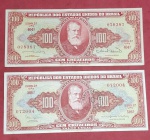2 Cedulas - Brasil - valor de 100 cruzeiros  !! Cor vermelha !! Com e sem carimbo de desvalorização !! Complete sua coleção !
