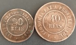 2 Moedas - Brasil !! valor de 20 reis e 40 reis !! data de 1908 !! tempo da Primeira republica !! material em bronze !! estado de MBC !! par de datas iguais !!