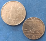 2 Moedas /  Italia  !!!   periodo da segunda guerra mundial !!! Anos de 1939 e 1941  !! Valores diferentes  !!peças escassas !!