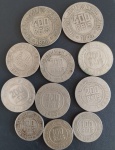 11 Moedas do Brasil !! todas com datas diferentes !! nenhuma peça igual !! 6 unid. de 200 reis !! + 3 unid. de 100 Reis !! + 2 unid. de 400 Reis !! otima oportunidade para completar sua coleção ou começar de forma barata !! material cuproniquel !!