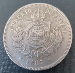 Moeda - Brasil , valor de 200 Reis data de 1887 !! tipo fundo linhado !! linda peça , valor de mercado cerca de 50,00 Reais !! material cuproniquel !! tempo do Imperio !!