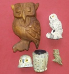 Colecionismo, 4 peças ( CORUJAS ) a-escultura em pedra ; b-  em formato de pote ; c - peça de madeira nobre maciça e branca pequena em resina !!!