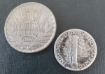 2 Moedas - Estrangeiras l - origem USA !! valor de Dime ano de 1931 !! e outra de Uruguuai de valor de 50 centesimos ano de 1943 ! tambem  em material de prata !!