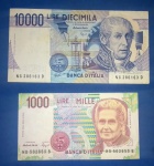 2 cedulas da Italia !! valores de 1000 e 10.000 liras - decretos de anos diferentes !! 1984 e 1990 !! MBC / Soberbas !!