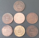 7 moedas - Brasil !! valor de 40 Reis datas de 1893 (1x) + 1900 (2x) + 1908 (2x) e 1909 (2x) material em bronze !! Primeira Republica !! valor muito abaixo de mercado !!