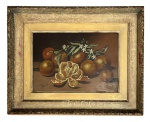 E. C. DEALTRY - Obra em óleo sobre madeira, "natureza morta"frutas sobre a mesa "tangerinas", assinada no canto inferior esquerdo, datada 1956, proteção de paspatur e moldura de madeira kaminagai. Medida da obra 28 x 41cm. Medida total 50 x 63cm.