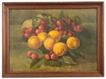 M. E. MAYA - Obra em óleo sobre cartão rígido, natureza morta, "frutas sobre a mesa", assinada M. E. MAYA no canto inferior direito, datada 9/3/1910 com proteção de moldura de madeira. Possui carimbos no verso. Mede 44,5cm x 33,5cm.