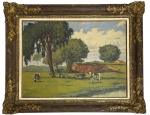 FRANCISCO ACQUARONE  (Rio de Janeiro, 1898 - idem 06 de março de 1954) - Obra em óleo sobre "paisagem rural", assinada no canto esquerdo, protegida por magnifica moldura de madeira patinada com florões nas extremidades. Medida da obra 80 x 60cm. Medida total 85 x 1,05cm.