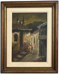 SALETTE - Obra em óleo sobre tela "igreja ao fundo", assinada e datada 64 no canto inferior direito, protecao de moldura de madeira patinada e paspatur. Medida da obra 34 x 25cm. Medida total 46 x 37,5cm.