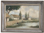 Obra em óleo sobre placa "Paisagem Rural com Casas de Sapê". Esta encantadora composição retrata uma cena campestre tranquila, onde casas de sapê repousam à beira de um sereno lago, emolduradas por árvores imponentes e um céu levemente nublado. A paleta de tons suaves em verdes, ocres e azulados confere delicadeza e harmonia ao conjunto, enquanto o tratamento impressionista das pinceladas transmite movimento e luz natural. Proteção de moldura em madeira patinada, com acabamento em tons acinzentados e discreto filete dourado, valoriza a obra e acrescenta elegância vintage. Uma peça que evoca a simplicidade e a poesia da vida rural, ideal para colecionadores que apreciam paisagens serenas e atemporais. Inicio séc. XX. Medida total 64 x 48cm.