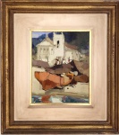 ARMINIO PASCUAL (1920/2006) - Obra em óleo sobre placa "marinha com igreja", assinada no canto inferior esquerdo, proteção de moldura de madeira, paspatur e friso dourado. Medida da obra 22 x 27cm. Medida total 44 x 48cm.