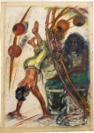SUZANA LEVY (Rio 1937 / idem 2023) - Obra em pastel sobre papel, retratando cena vibrante de capoeira e musicalidade afro-brasileira. As figuras em movimento e o intenso uso de cores quentes e linhas curvas transmitem energia e ritmo, características marcantes da artista.A composição revela a fusão entre corpo e som, tradição e expressão popular, em um trabalho de forte identidade cultural. Medida total 42 x 32 cm.