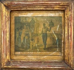 Antigo quadro antigo com cena de vendedor ambulante negro, impresso em tonalidade sépia, acompanhado por figuras femininas em ambiente urbano. Inscrição  em francês "Marchand de fleurs a la porte d'une eglise'. A peça apresenta moldura larga, envelhecida em dourado e vermelho, com acabamento interno escurecido, reforçando o caráter histórico. Obra com forte apelo decorativo e valor etnográfico. Medida total 27 x 27 cm.