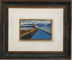 ORLANDO BRITO (1920/1981) - Óleo sobre placa, "paisagem", assinada canto inferior direito, datada 1977, proteção paspatur e moldura de madeira patinada. Medida da obra 18 x 27cm. Medida total 50 x 60cm.