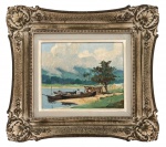 ARMANDO VIANNA (Rio de Janeiro, 1897 - 1992) - Obra em óleo sobre placa, "paisagem com barco", assinada no canto inferior direito, datada 1960, proteção de paspatur, moldura de madeira entalhada com florões e patinada. Possui cachê no verso. Medida da obra 22 x 18cm. Medida total 35 x 32 cm.