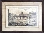 GIOVANNE BATTISTA PIRANESI (1720-1778)  - "Veduta del Ponte e Castello Saint Angelo" -Gravura  a metal (etching), ano de 1754. Possui textos de referências no rodapé. Medida da folha aprox.59 x 38 cm. Medida total: 81 x 59 cm. Essa gravura faz parte da série "Veduta di Roma", é composta por 135 gravuras que retratam vistas de Roma.The Bridge and Castel S. Angelo (Veduta del Ponte e Castello Sant'AngeloSeries/Portfolio: Vedute di Roma (Views of Rome). VER LINKS: ---- https://www.metmuseum.org/art/collection/search/365057 ---- https://www.swanngalleries.com/auction-lot/giovanni-b-piranesi-veduta-del-ponte-e-castello-s_e854d49924 ----- https://artgallery.yale.edu/collections/objects/178295 ---https://www.mfab.hu/artworks/14047/  ------- https://www.abebooks.com/art-prints/Veduta-Ponte-Castello-Angelo-View-Bridge/31970424206/bd ---https://harvardartmuseums.org/collections/object/237489