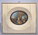 Antiga pintura miniatura oval sobre celulose, assinada Di Mare. Séc.XIX/XX. Moldura em madeira e lâminas de baquelite. Med. 11.5 x 12.5 cm