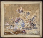 CARLOS OSWALD (1882-1971)  - Antiga pintura 'Flores', ost. assinado no c.i.d. Med. 57 x 66 cm. e moldura: 66 x 74 cm. Tela fina e com pequeno restauro no verso embaixo. SOBRE: Foi o responsável pelo desenho final do Cristo Redentor no morro do Corcovado. Precursor da gravura no Brasil. Mestre de famosos artistas, como Fayga Ostrower e Poty Lazzarotto, Carlos Oswald deixou extenso legado de obras primas. Parte delas, se encontram no acervo do Museu Nacional de Belas Artes, no Rio de Janeiro.