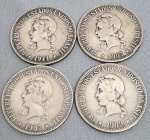 lote com 4 Moeda de Prata 1000 Réis 1907, 1907,1909,1911DESCRIÇÃO DA MOEDANúmero de CatálogoAmato: V-691Bentes: 648.12World Coins: Km#507Valor face: 1000Moeda: RéisAno: 1911Sem Letra MonetáriaORIGEM DA MOEDAPaís: BrasilContinente: AméricaFICHA TÉCNICAPlano Monetário: Padrão Réis (1889-1938)Período: República VelhaCasa da Moeda: Rio de JaneiroDiâmetro: 26mmPeso: 10grMetal: PrataTeor da Prata: 900Borda: SerrilhadaReverso: MoedaMoeda Desmonetizada