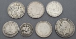 Lote com 7 moedas em prata de paises e teores variados.Peso líquido: 48 gramas.