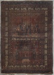 Antigo tapete Turco para oração, decorado com imagem de mesquita. Circa de 1900/1940. Med. 106 x 154 cm. Possui desgastes e falta franjas.
