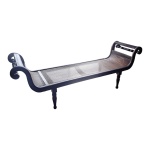 Recamier em Jacarandá braços recurvos assento em palhinha indiana, acompanha fouton na cor mostarda, 222 x 65, Alt. 88 cm.