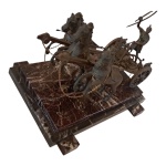 Grupo escultório em Petit bronze representando triga romana com 3 cavalos e seu gladiador obre base dupla de mármore, 36 x 26, Alt. 28 cm.