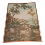 Gravura representando paisagem rural emoldurado em cobre e vidro, 41 x 30 e  58 x 48 cm.