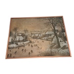 Gravura representando patinadores no gelo emoldurado em cobre e vidro, apresenta marcas do tempo, 41 x 31 e 58 x 49 cm.