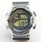 RELÓGIO, um (1) de pulso, esportivo, digital, modelo HY-002, mostrador com 40 mm diâmetro, caixa e pulseira em polímero nas tonalidades incolor e preta respectivamente, multifuncional, funcionando, novo e sem uso, vide foto.