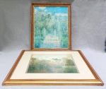 LITOS, duas (2) distintas policromadas, reproduções baseadas na obra de CLAUDE MONET (1840  1926): 1 representando paisagem com flores, casario e figuras, envidraçada, medindo com moldura 50 x 40 cm; 1 representando paisagem com flores, caminho, figuras e marina, envidraçada, medindo com moldura 36 x 43,5 cm, vide foto.