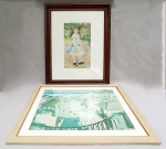 LITOS, duas (2) distintas policromadas: 1 reprodução baseada na obra de BOTELHO, representando paisagem com marina e casarios, envidraçada, medindo com moldura 53 x 41 cm; 1 reprodução baseada na obra de RENOIR, representando menina, envidraçada, medindo com moldura 42 x 53 cm, vide foto.