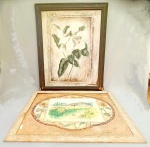 QUADRO, duas (2) litos distintas fixadas sobre eucatex, policromadas, uma representando paisagem e outra representando flores, ambas emolduradas, uma delas com moldura no estado, medindo em média com moldura 56,5 x 46,5 cm, vide foto.