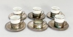 PORCELANA E METAL PRATEADO, cinco xícaras para café, cilíndricas, tonalidade branca, arremates com frisos prateados, manufatura VERACRUZ (Pedreira, SP, 1966 a 2001, em 1966 a Cerâmica Santana adquiriu da Nadir Figueiredo as antigas instalações da Fabrica Santa Rita e fundou a Porcelana Veracruz, para produção de louças domésticas, a partir de 2001 foi incorporada pela própria Santana e passou a produzir apenas isoladores elétricos), monture e pires geometrizados e sem marca de manufatura aparente, com uma peça a mais no caso seis, sinais de uso, vide foto.
