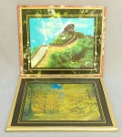 QUADROS, duas (2) gravuras distintas, coloridas e metalizadas, representando paisagens, envidraçadas e emolduradas, medindo em média 25,5 x 20,5 cm, vide foto.