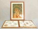 LITOS, três (3) coloridas e envidraçadas: 1 reprodução da obra de Renoir, medindo com moldura 32 x 44,5 cm; 2 representando conchas, baseadas na obra de Inez Martins, possuem manchas, molduras com sinais xilófagos, medindo 29 x 22 cm, vide foto.