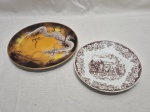 Lote de 2 pratos decorativos em porcelana, sendo um Real e um oriental. Medindo o maior 19cm de diâmetro.