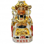 Escultura Cai-Shen Deus da Fortuna, Prosperidade e Dinheiro, em porcelana com policromia e dourado, med. 26,5cm de altura.