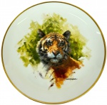 WEDGWOOD - DAVID SHEPHERD - TIGER (Leo Tigris) - Prato em porcelana inglesa, coleção The David Shepherd Wildlife, pintura assinada e friso dourado na borda. Med.: 27cm de diâmetro.
