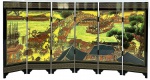 Biombo de mesa em laca com 6 painéis pintados à mão com cenas do Festival Qingming, em embalagem original, med. aberto 24X47cm, cada painel med. 8X24cm