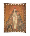 Escola Cusquenha : "Nossa Senhora do Rosário ", óleo s. tela , séc XIX. Med. Mi 95 x 73 cm  Me 110 x 88 cm