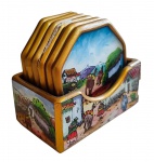 Conjunto com 6 porta copos e suporte em madeira pintada revestido nas laterais e na base com vidro - 09x09 cm os porta copos 05x11x07 cm o suporte - um deles com vidro quebrado e bordas faltando pedaços e suporte faltando pedaços da borda.