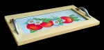 Bandeja em madeira, vidro, com alças em plástico e decoração em pano pintado a mão-05x36x19cm.