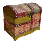 Caixa em madeira revestida com tecido e plástico - 27x30x21 cm - com desgastes no tecido e descolando emalgumaspartes.