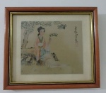 Quadro Oriental pintura sobre seda, assinado e com selo vermelho. Med. 23 x 27cm com moldura e vidro.